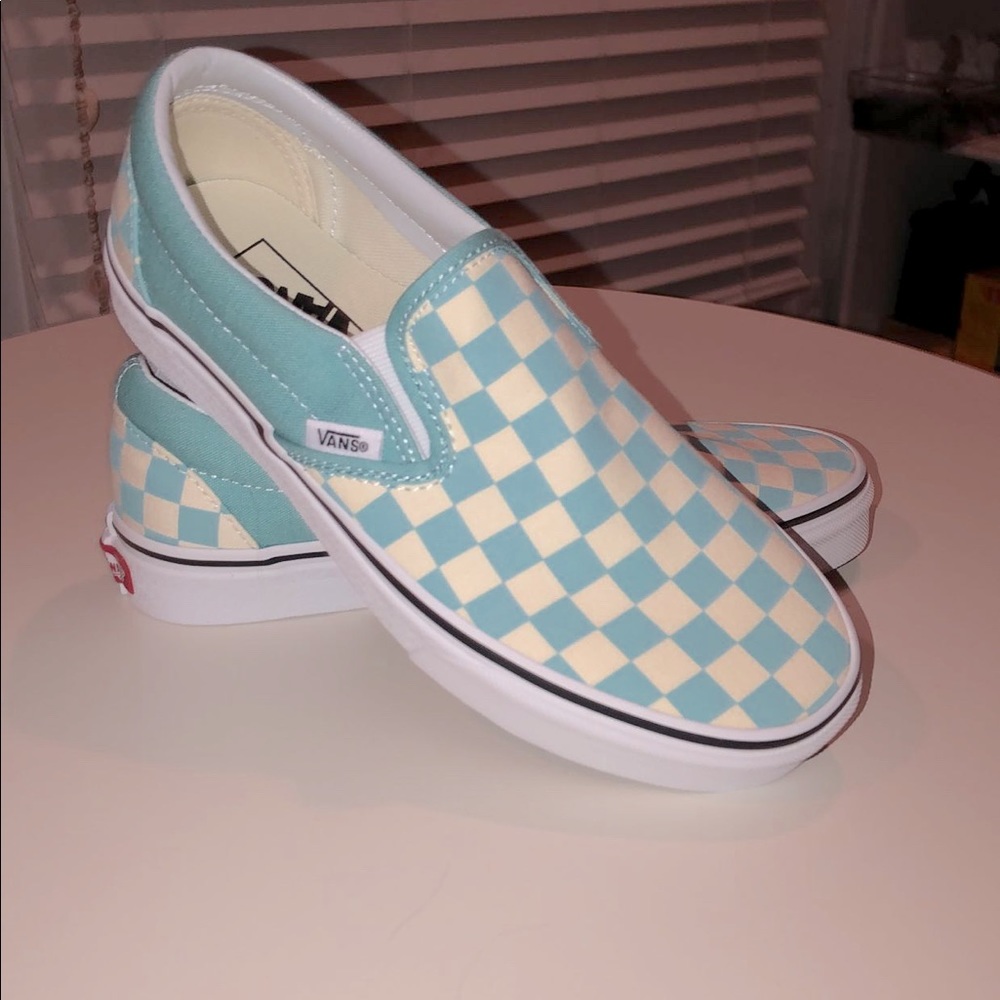 light blue and white, slip on, checkered vans